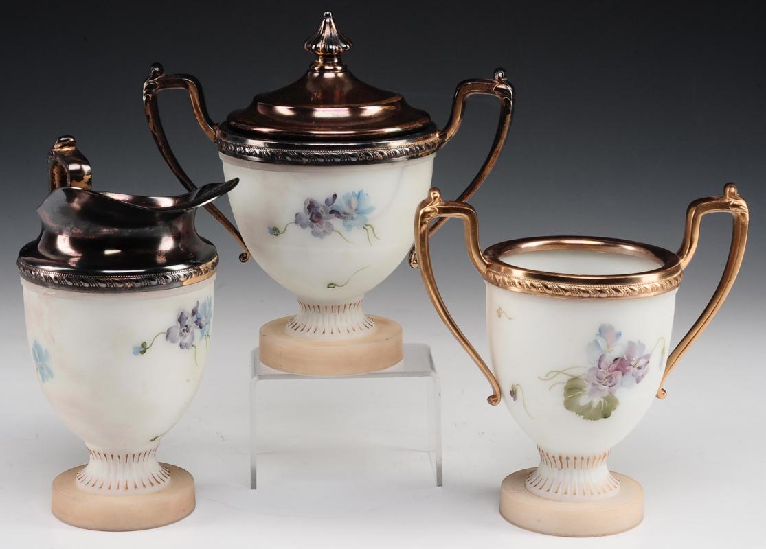 A HAND PAINTED OPAQUE GLASS SET ATTRIBUTED TO PAIRPOINT