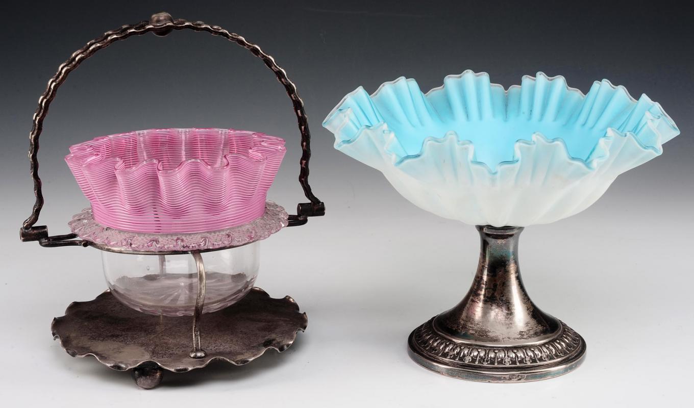 TWO VICTORIAN ART GLASS ARTICLES WITH METAL MOUNTS