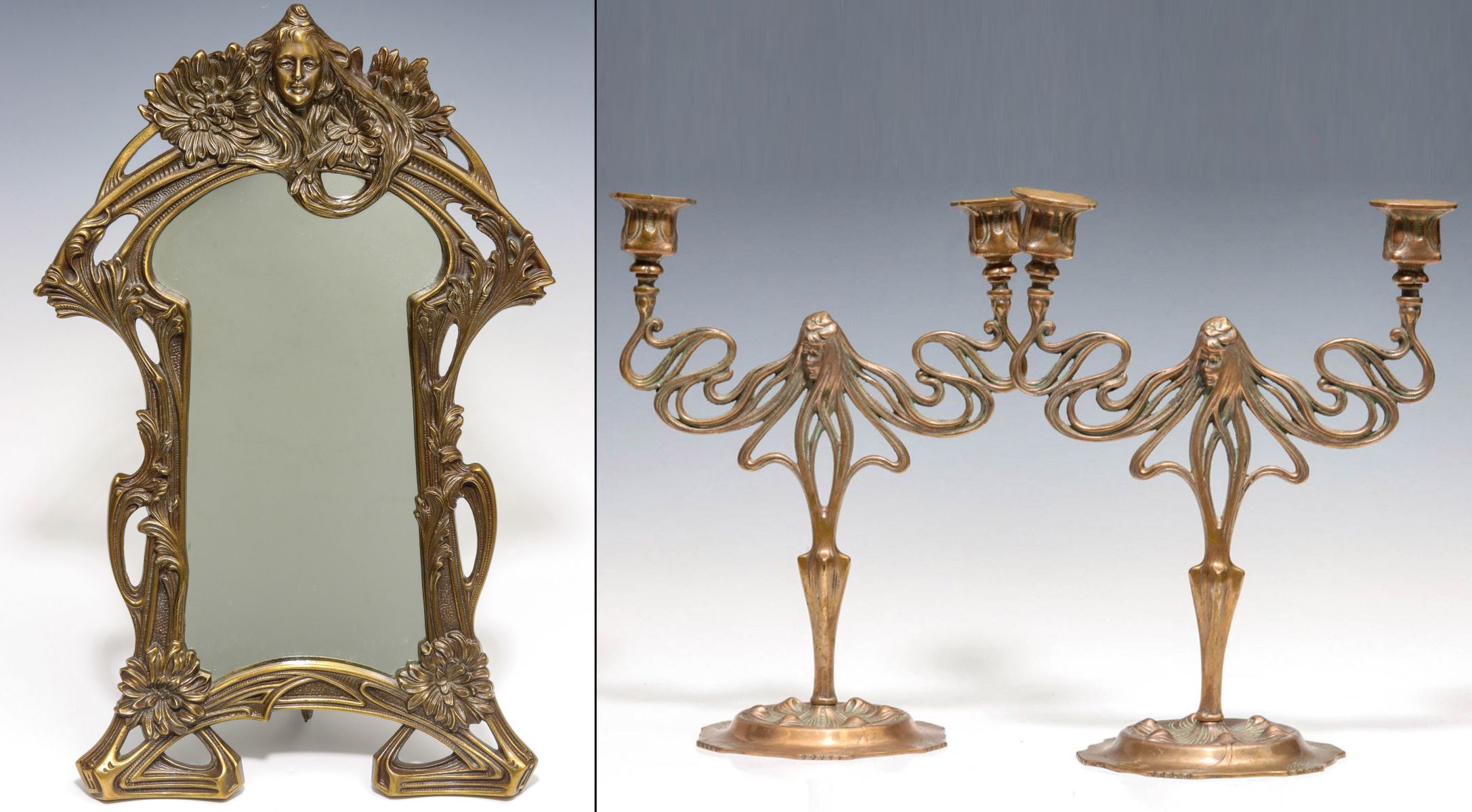 EARLY 20TH CENTURY ART NOUVEAU MIRROR AND CANDELABRA