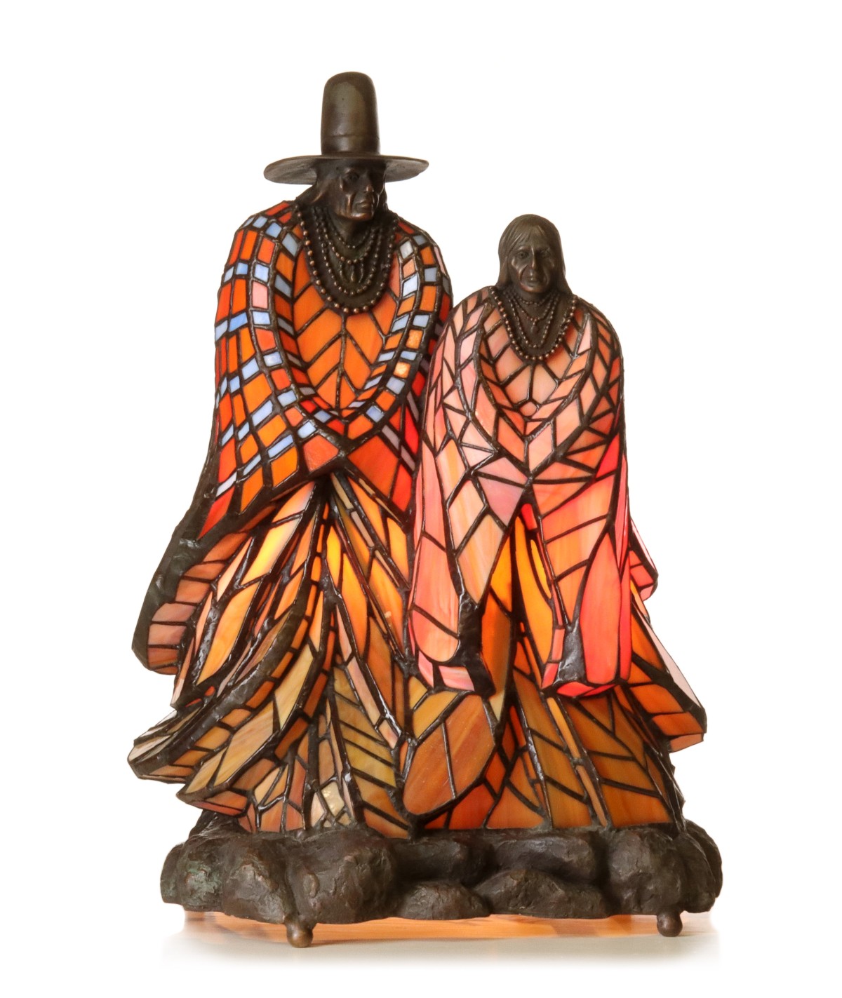 A NAVAJO MAN AND WOMAN FIGURAL BRONZE LEADED LAMP