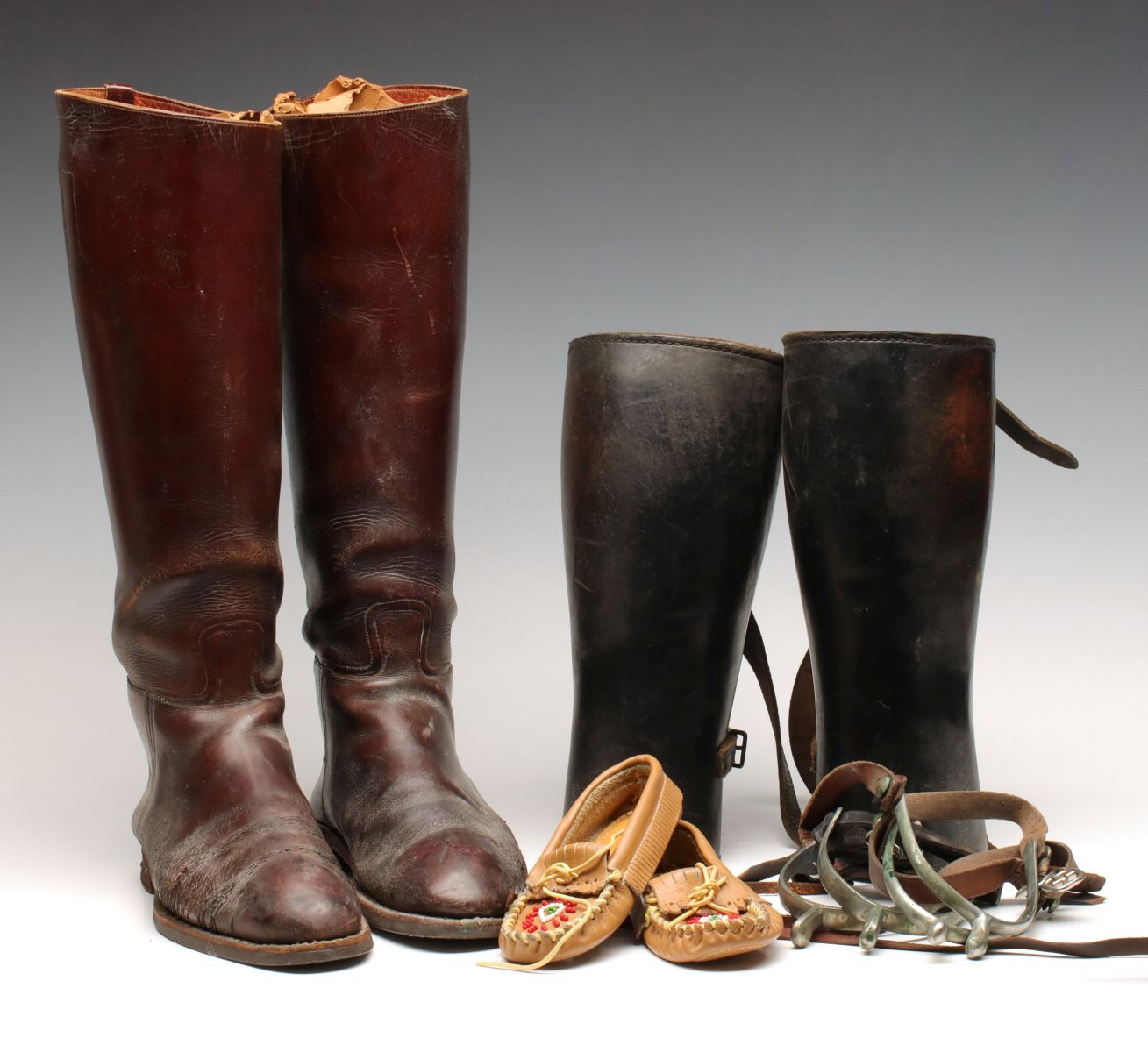 WWI LEATHER GAITERS, RIDING BOOTS, SPURS