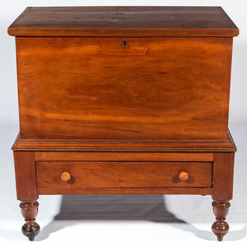 A 19TH CENTURY CHERRY SUGAR CHEST ON STAND
