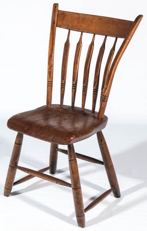 A 19TH C. THUMB BACK PLANK SEAT CHAIR