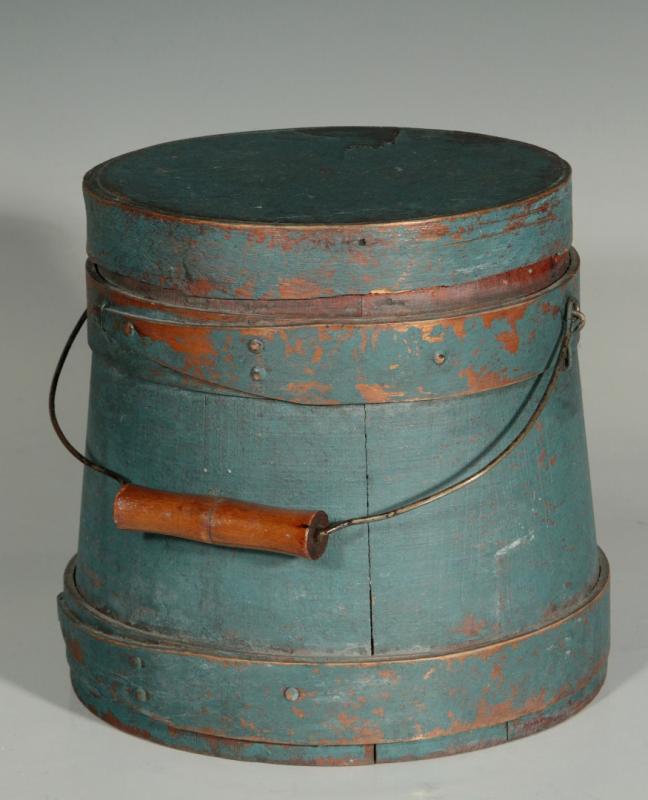 A GOOD 19TH C. FIRKIN IN OLD BLUE PAINT