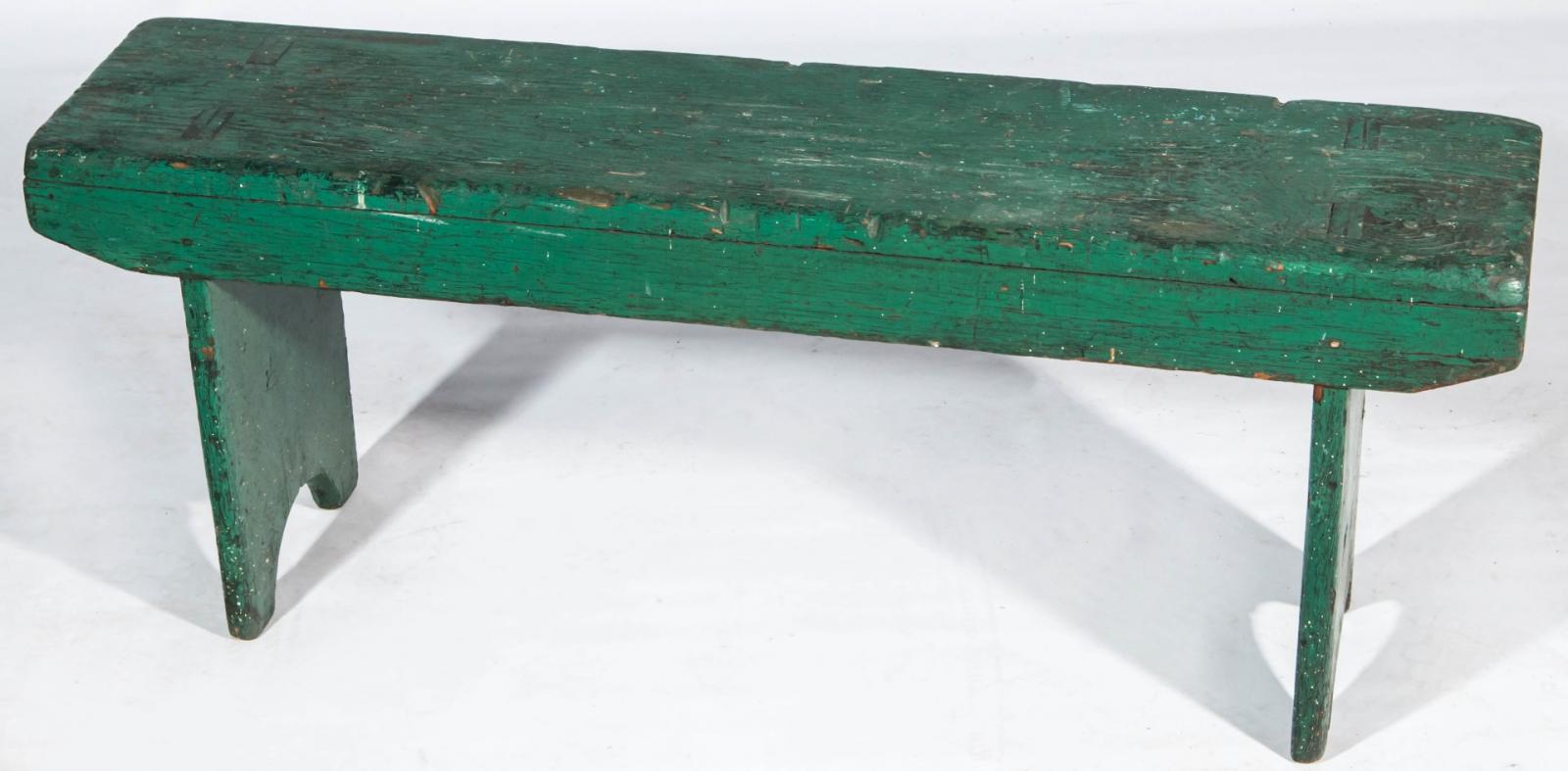 A CIRCA 1900 SHORT BENCH IN OLD GREEN PAINT
