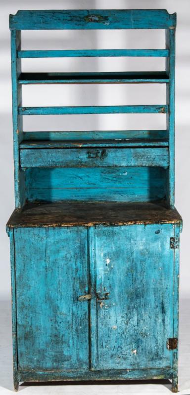 AN ANTIQUE CUPBOARD IN BLUE PAINT