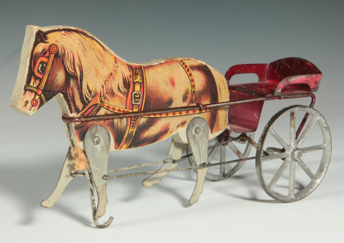 AN ANTIQUE TIN AND LITHO ON WOOD HORSE DRAWN TOY