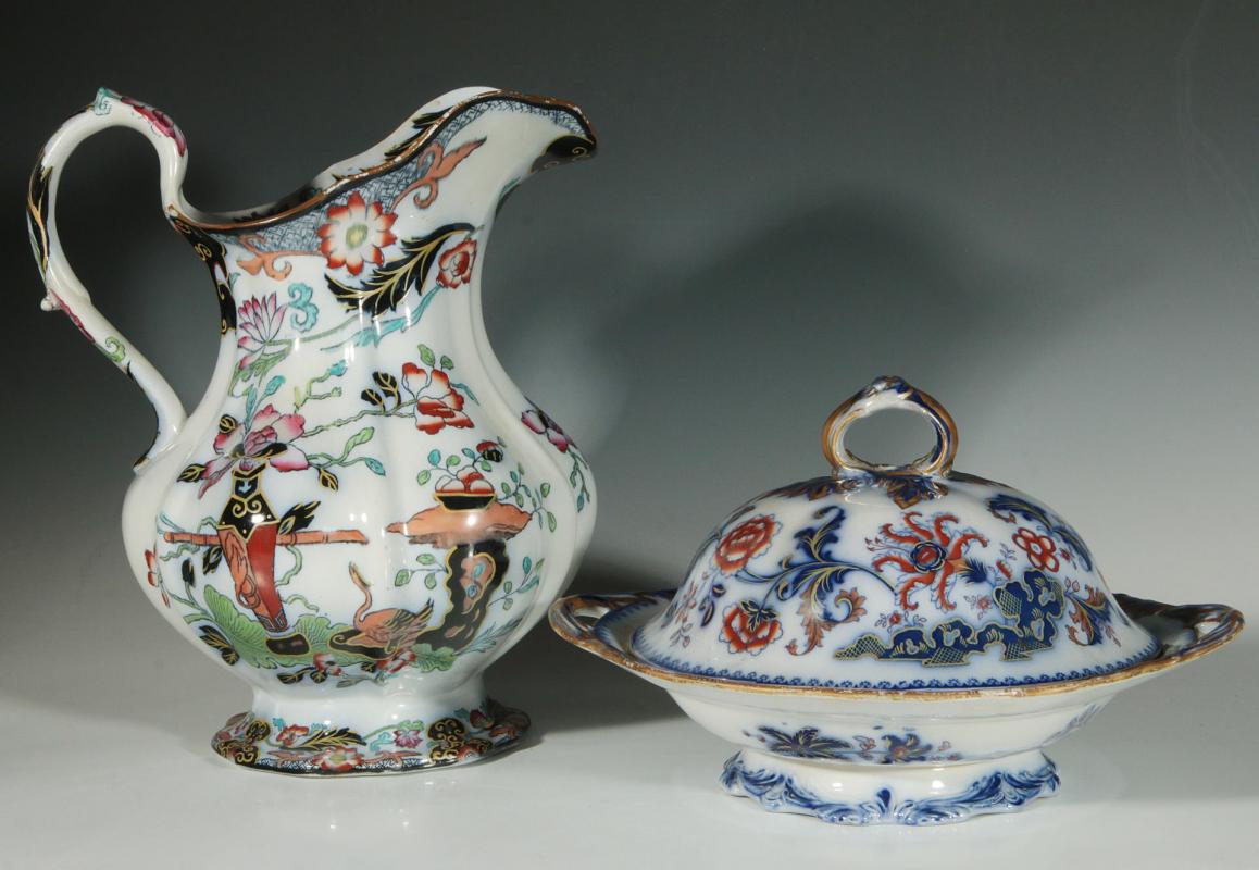 MASON'S IRONSTONE PITCHER AND A COVERED DISH