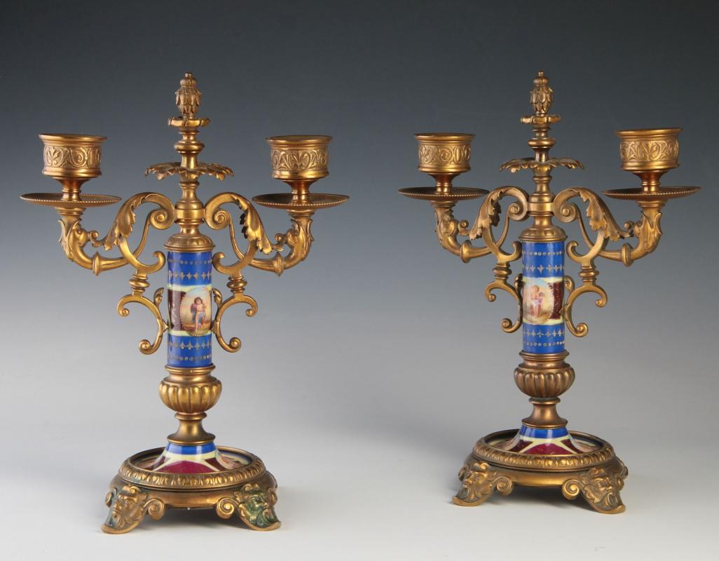 A PAIR LATE 19 C. PORCELAIN AND BRONZE CANDELABRA