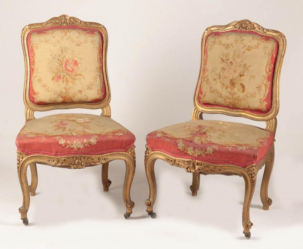 LOUIS XV STYLE GILTWOOD SIDE CHAIRS w/ TAPESTRY