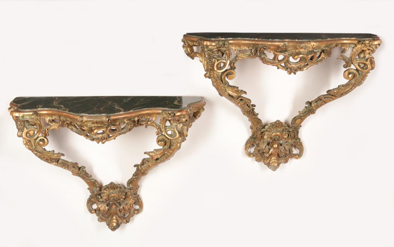 A PAIR C. 1900 BAROQUE STYLE WALL MOUNT CONSOLES