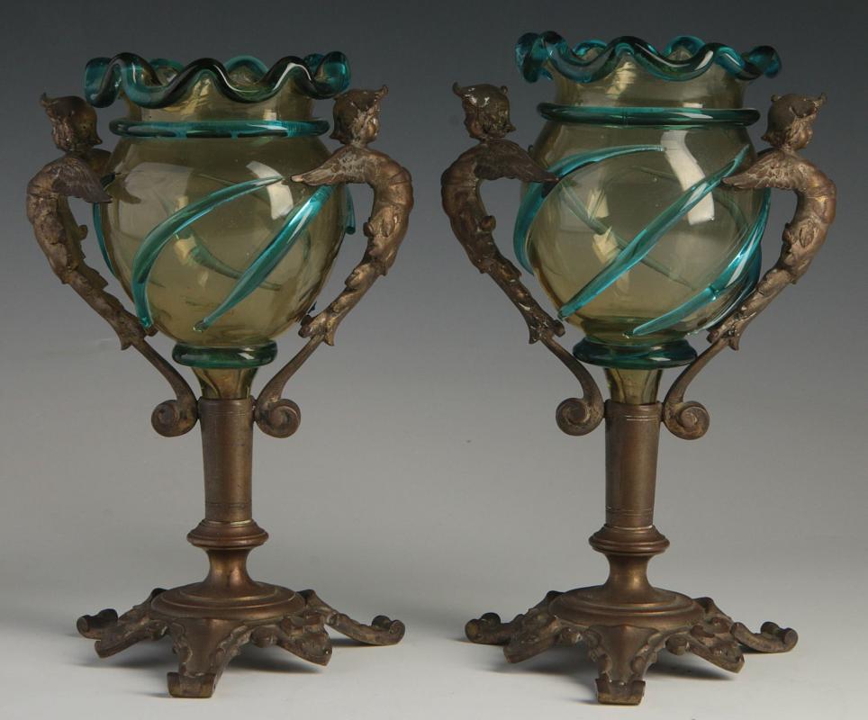 A PAIR C. 1900 VENETIAN METAL MOUNTED GLASS URNS