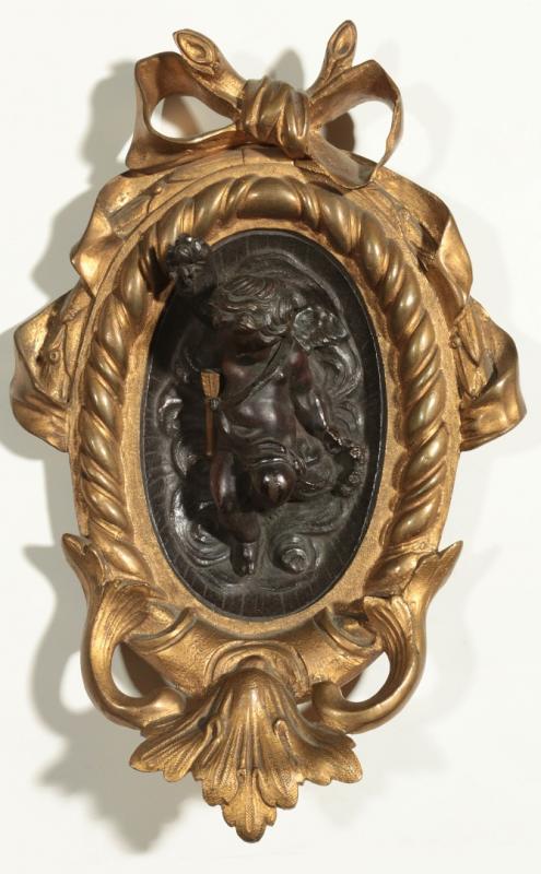 A 19TH C. FRENCH BRONZE PLAQUE WITH PUTTO 