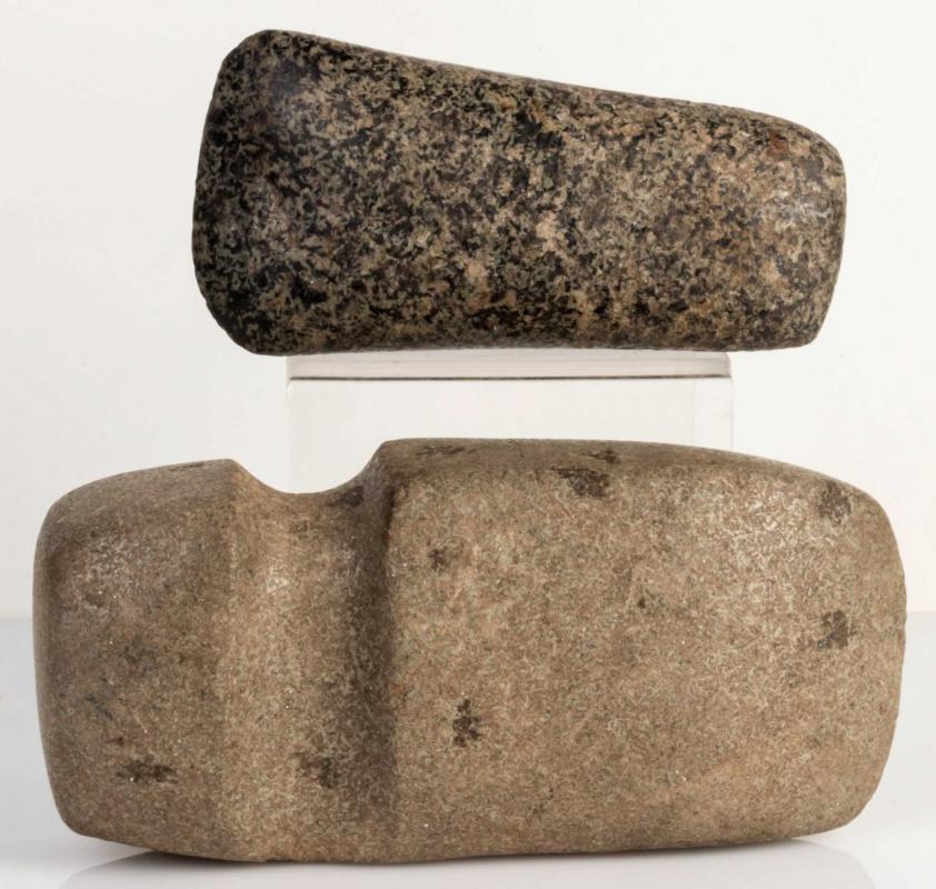 A PREHISTORIC 3/4 GROOVE AXE AND A GRANITE CELT
