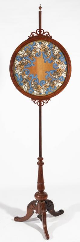 A 19THC. POLE FIRE SCREEN WITH BEADED NEEDLEPOINT