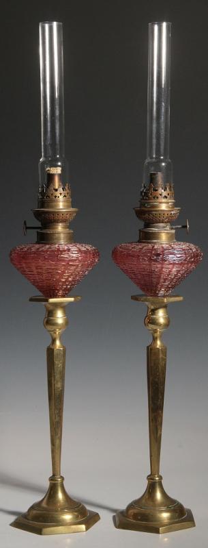 PAIR 19TH C. RED AUSTRIAN THREADED GLASS PEG LAMPS