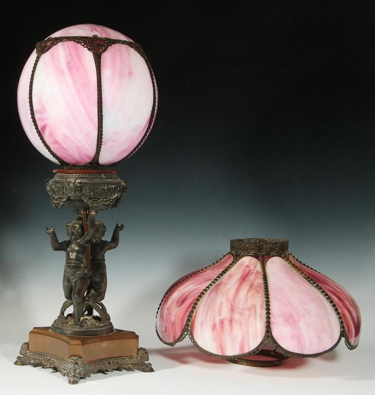 A VICTORIAN TABLE LAMP W/ TWO LAVENDER SLAG SHADE