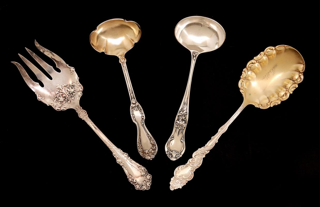 FOUR ORNATE SILVER PLATED SERVING PIECES