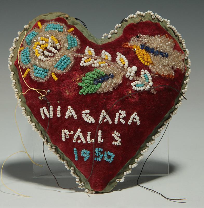 A 1950 IROQUOIS HEART-SHAPED BEADED PIN CUSHION
