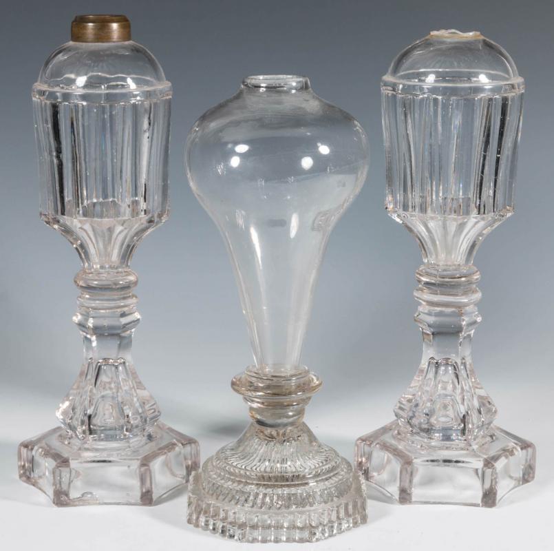 THREE PRESS AND BLOWN GLASS WHALE OIL LAMPS