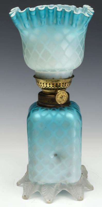 A 19TH C. KOSMOS BLUE MOTHER OF PEARL GLASS LAMP