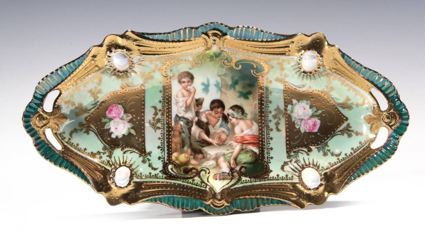 AN RS PRUSSIA JEWELED TRAY WITH DICE THROWERS