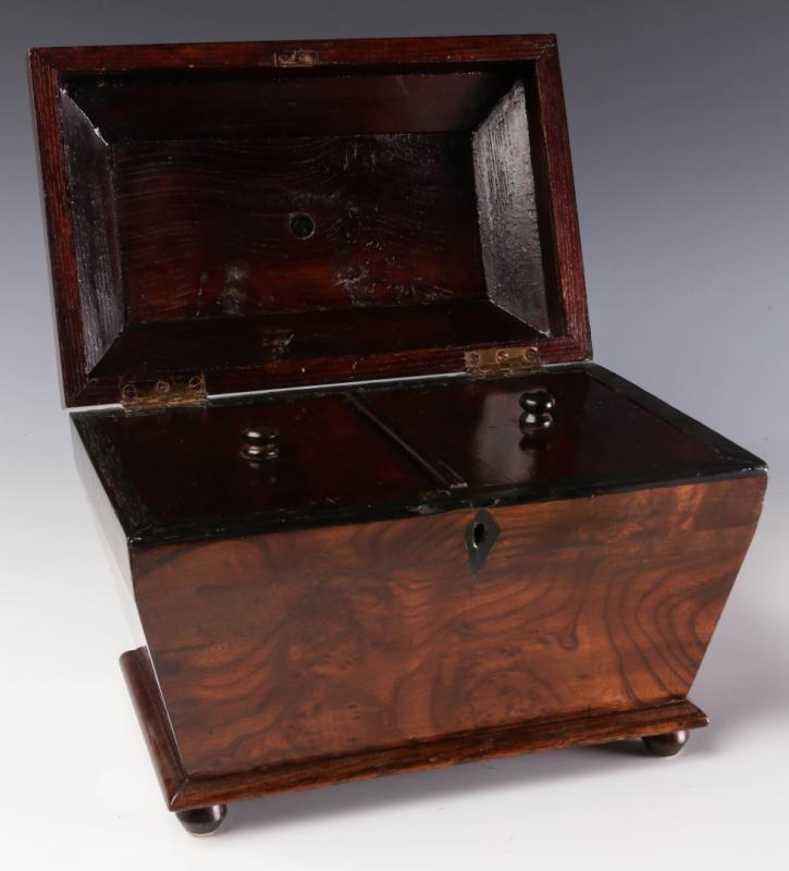 A 19TH CENTURY BURL VENEERED TEA CADDY CHEST