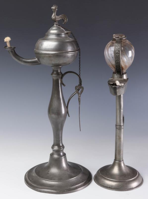 TWO LATE 19TH CENTURY PEWTER FLUID  LAMPS