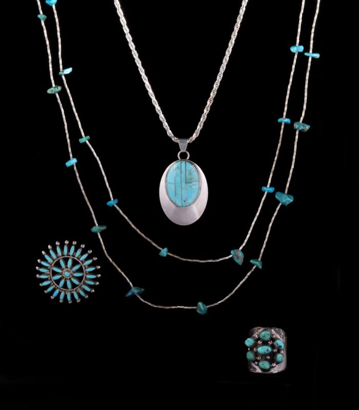 ZUNI AND NAVAJO STERLING AND TURQUOISE JEWELRY  