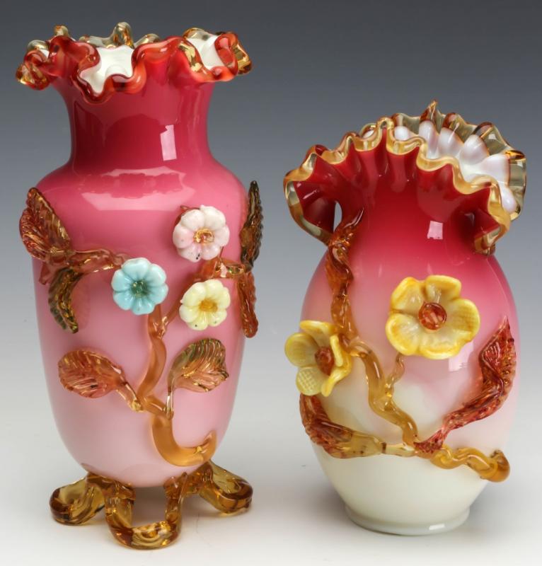 TWO 19TH C. VICTORIAN APPLIQUE ART GLASS VASES