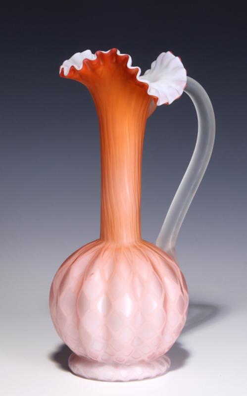 A TALL 19TH C. SATIN APRICOT MOTHER OF PEARL EWER