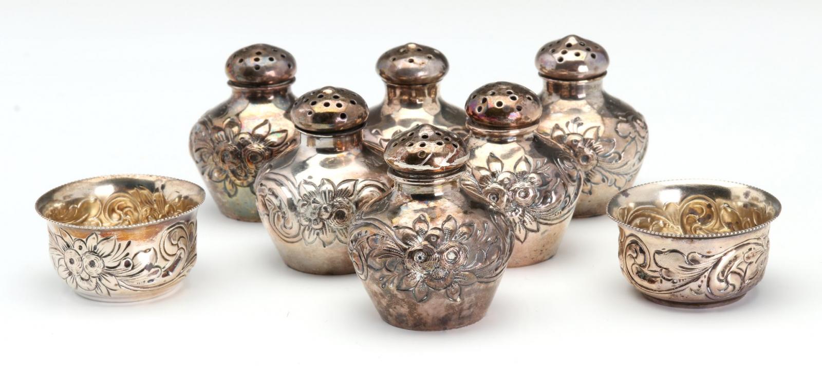 GEO C. SHREVE STERLING SILVER REPOUSSE SHAKERS