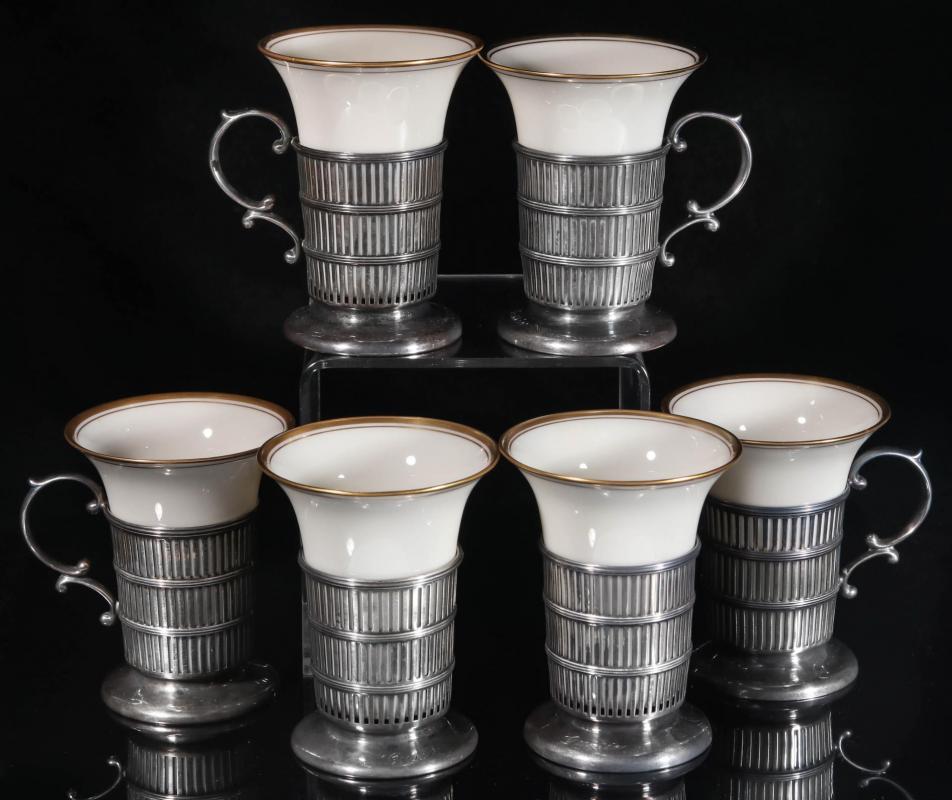 SET OF SIX LENOX DEMITASSE IN STERLING STANDS