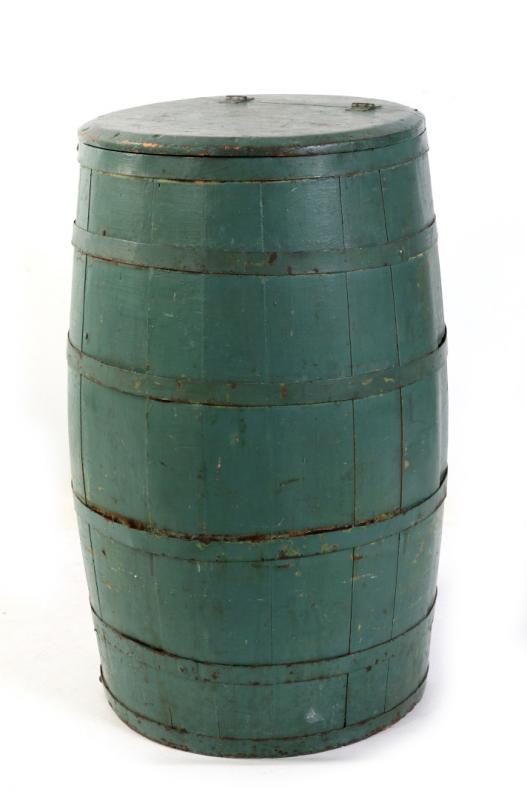 A 19TH C. OAK STORAGE BARREL IN OLD GREEN PAINT