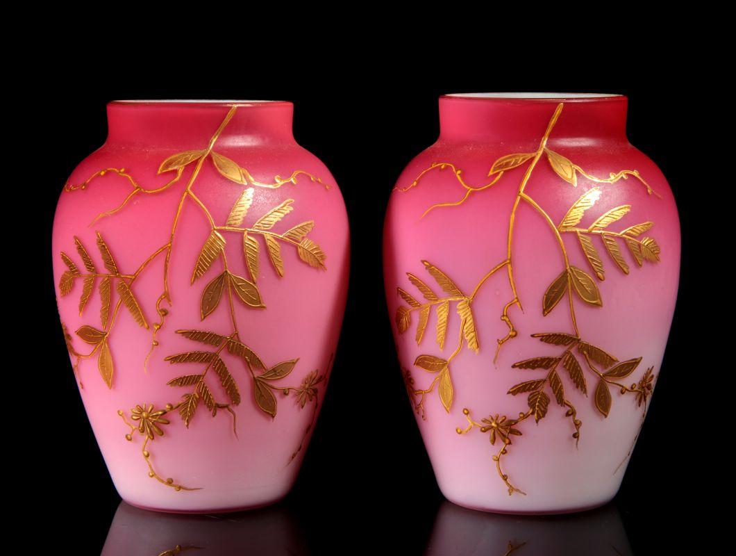 A PAIR DECORATED PEACHBLOW VASES WITH ENAMEL