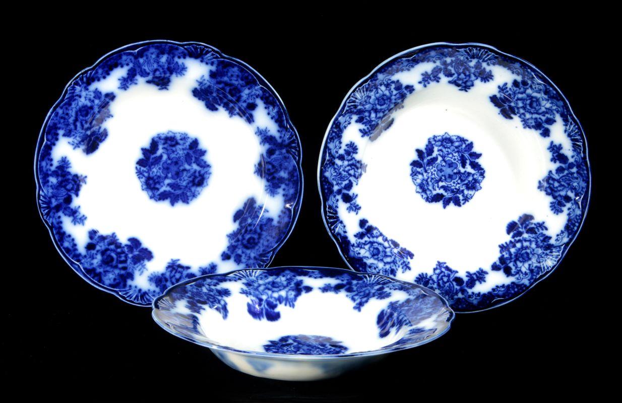 CIRCA 1900 WALDORF PATTERN FLOW BLUE SOUP PLATES