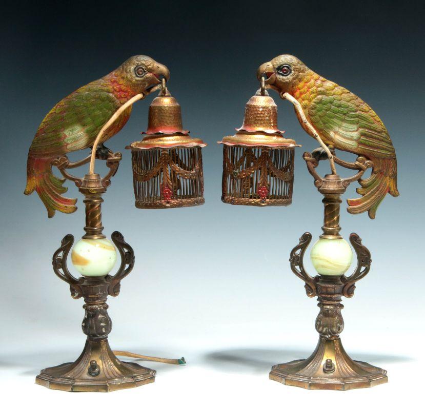 A GREAT PAIR OF C. 1920 PAINTED IRON PARROT LAMPS