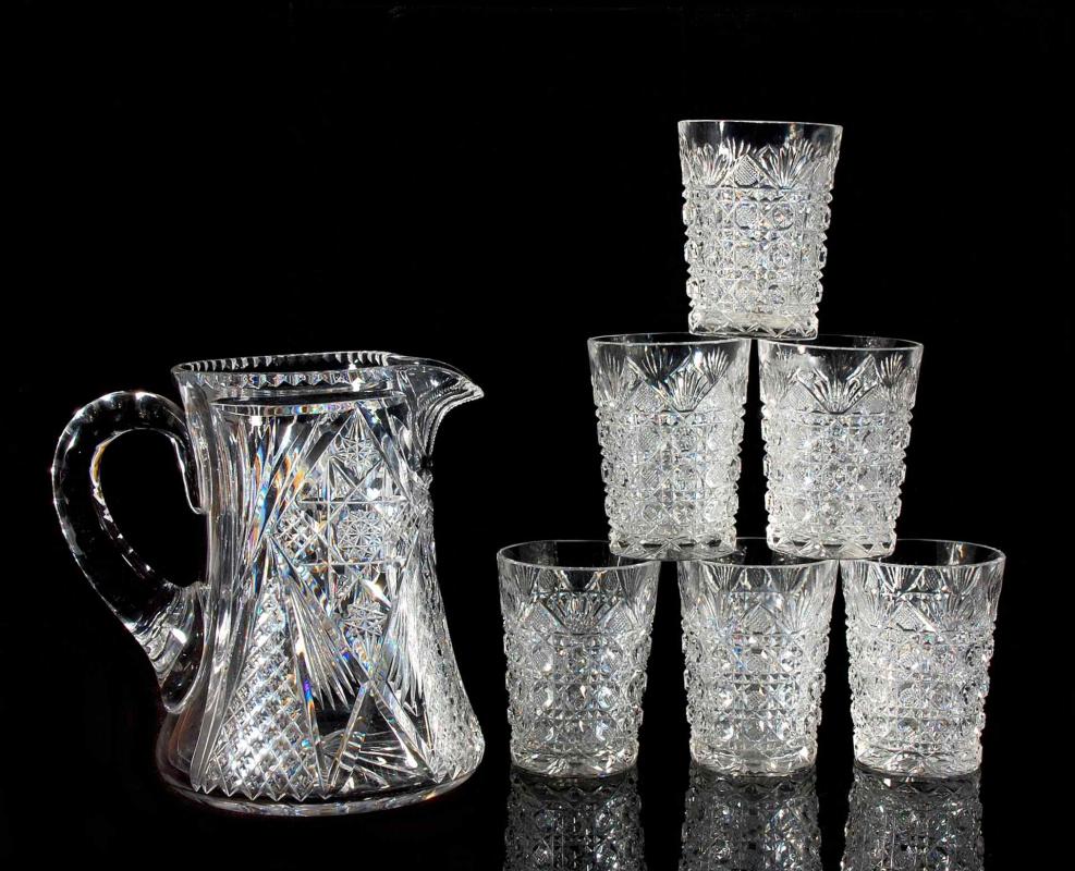 AN ABP CUT GLASS WATER SET PITCHER AND SIX TUMBLERS
