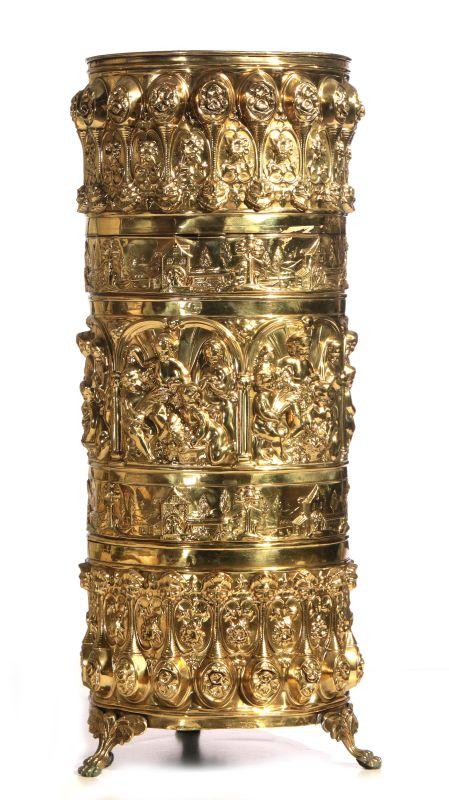 A HIGHLY EMBOSSED 19TH C. BRASS UMBRELLA STAND