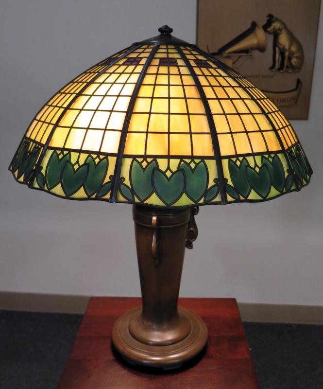 HANDEL BRONZE & GREEN GLASS TEROCA LINE TABLE LAMP