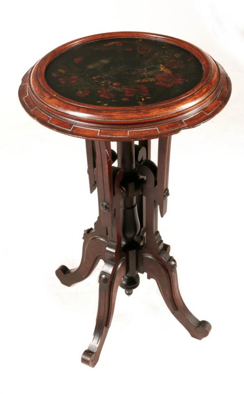 A VICTORIAN DISH TOP STAND WITH PAINTED INSET