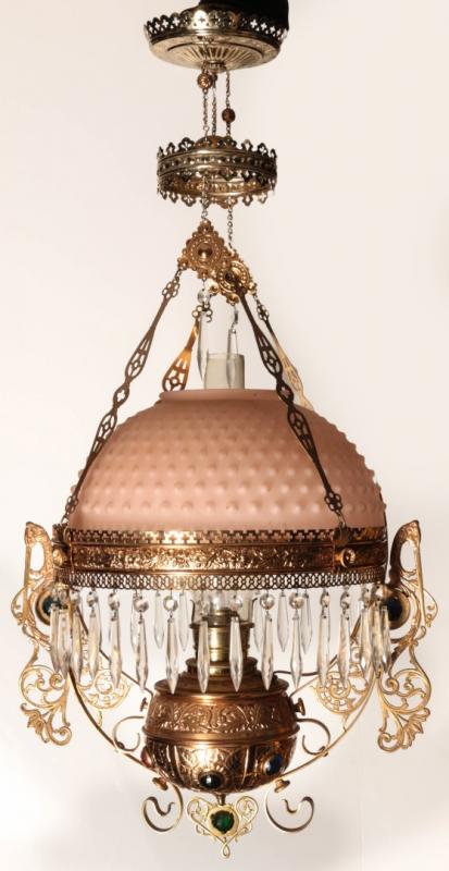 A 19TH C. HANGING LAMP WITH JEWELED BRASS FRAME