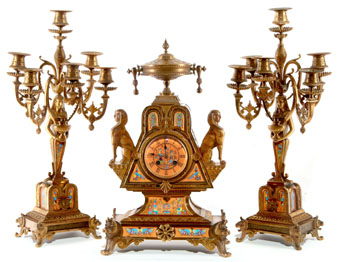 exceptional leroy fils eqyptian revival clock set