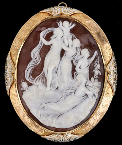 A Large and Exceptional Carved Shell Cameo with Enameled Gold Bezel