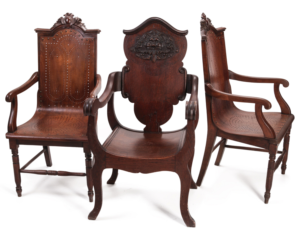 THREE UNUSUAL LATE 19TH C. ARM CHAIRS WITH CARVING