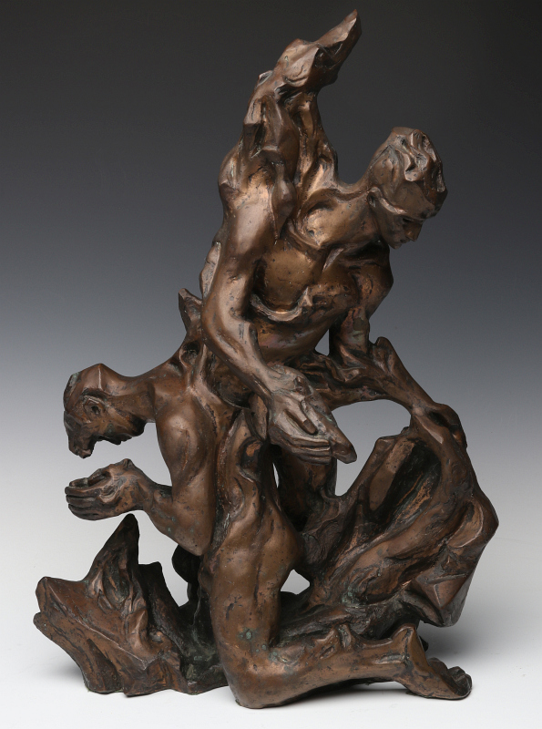 A 20TH C BRONZE ABSTRACT SCULPTURE OF MALE FIGURES