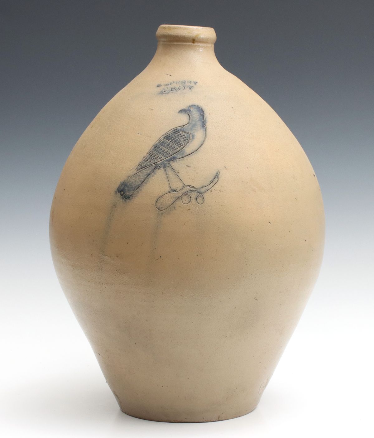 A 19TH C. OVOID JUG WITH ETCHED BIRD SIGNED S.S. PERRY