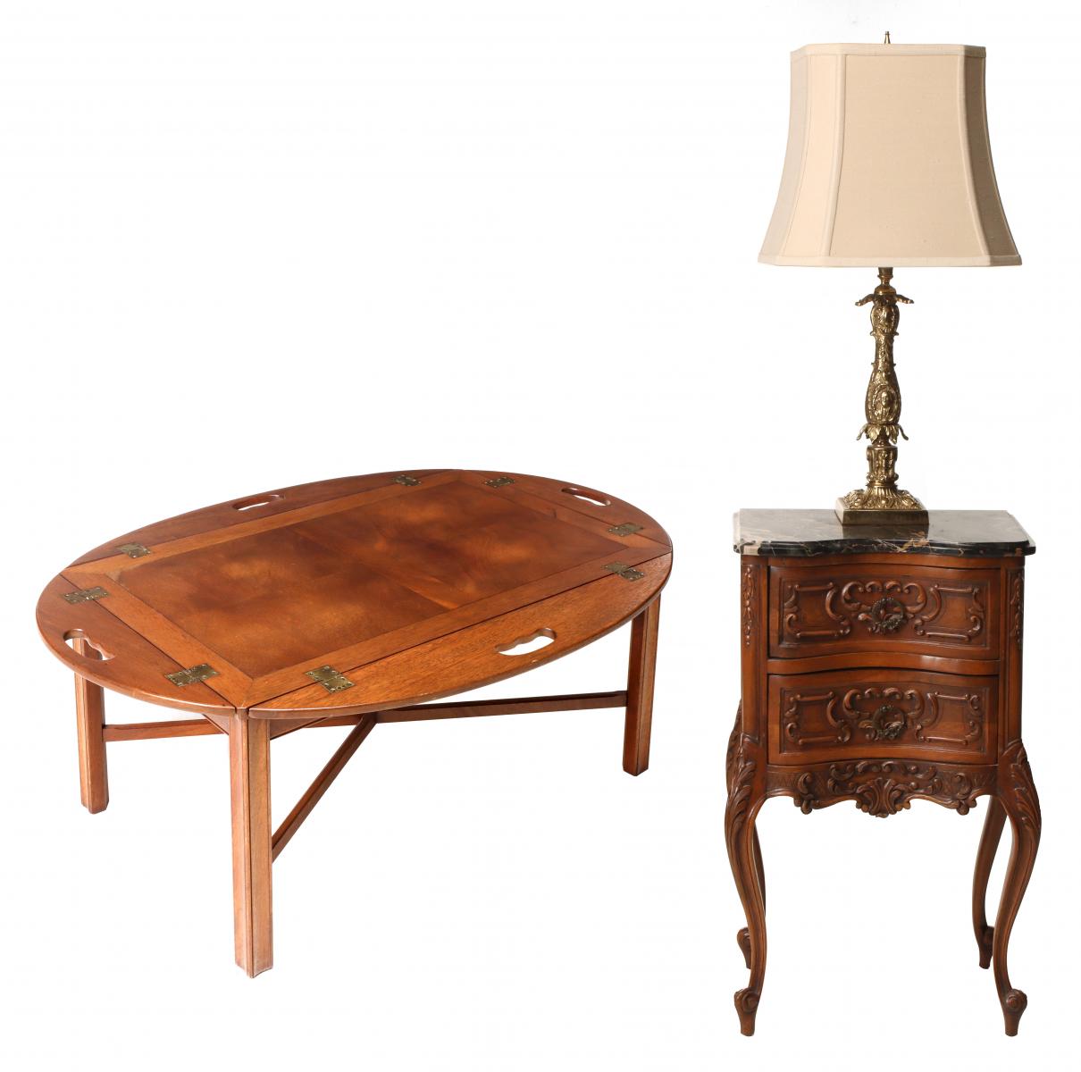 GROUPING: A FRENCH STYLE STAND, BUTLER'S TABLE AND LAMP