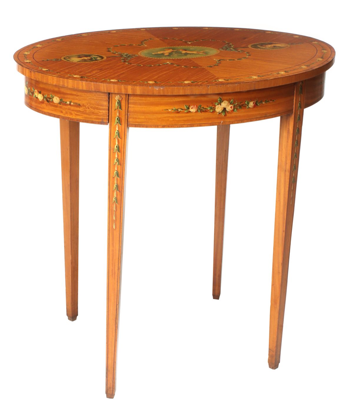 A HIGHLY FIGURED SATINWOOD TABLE WITH PAINT DECORATION