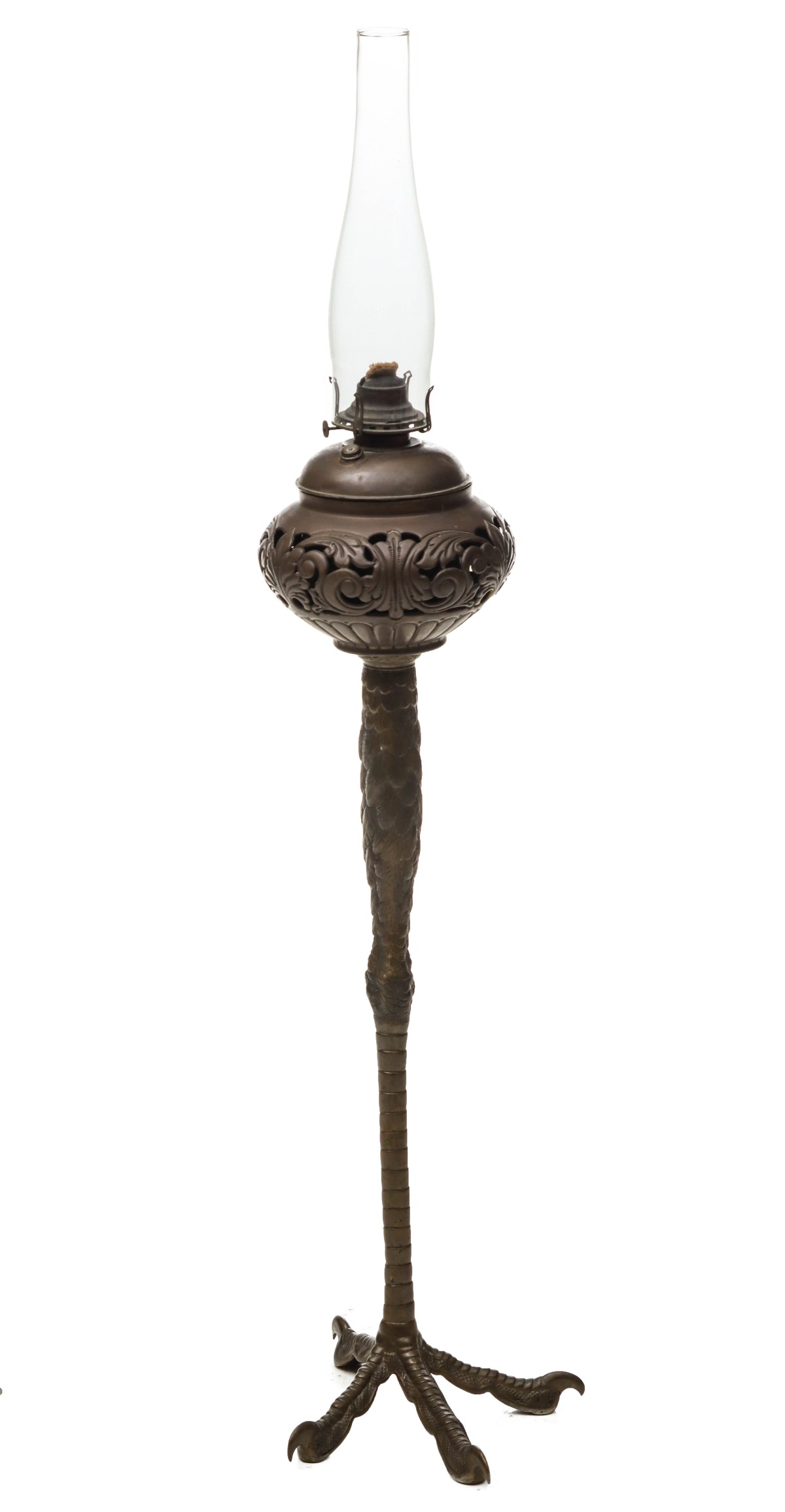 A BRONZE FIGURAL TURKEY FOOT VICTORIAN BANQUET LAMP